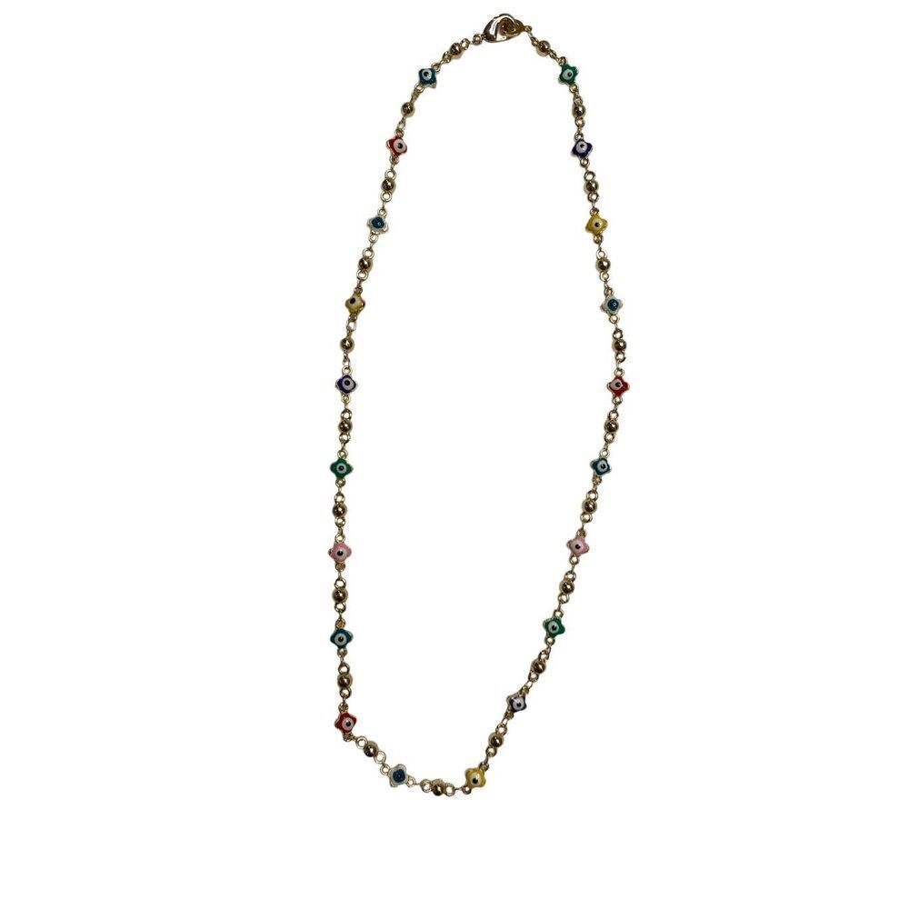Gold Tone Multicolor Nazar Evil Eye Necklace 18in Beaded Protective Charm